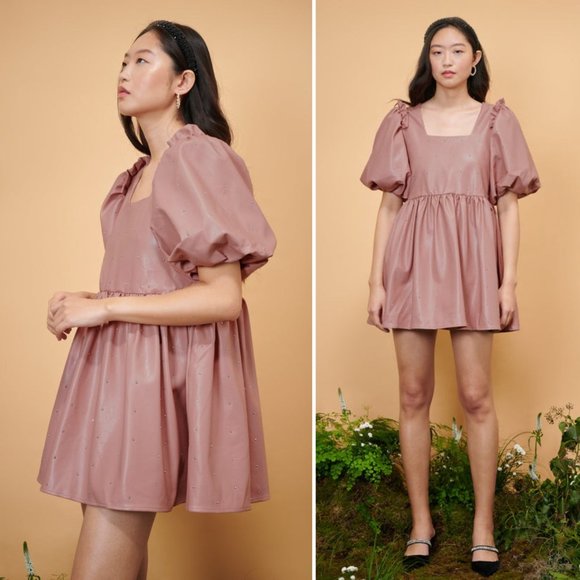 Sister Jane Dresses & Skirts - DREAM Sister Jane Woodland Gem Mini Dress Faux Leather Puff Sleeve Square Neck S